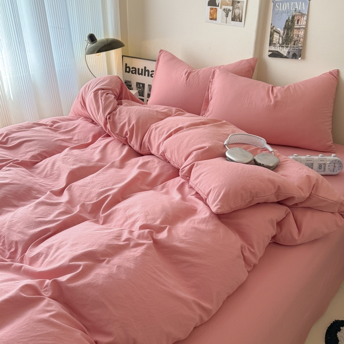 91家纺网 家纺一手货源 找家纺 桔禾家纺 2025新款ins风纯色水洗棉四件套双拼水洗棉学生三件套四件套 藕粉