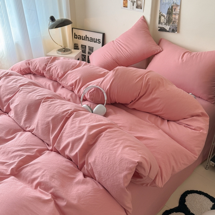 91家纺网 家纺一手货源 找家纺 桔禾家纺 2025新款ins风纯色水洗棉四件套双拼水洗棉学生三件套四件套 藕粉