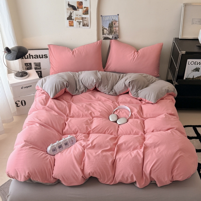 桔禾家纺 2025新款ins风纯色水洗棉四件套双拼水洗棉学生三件套四件套 藕粉浅灰