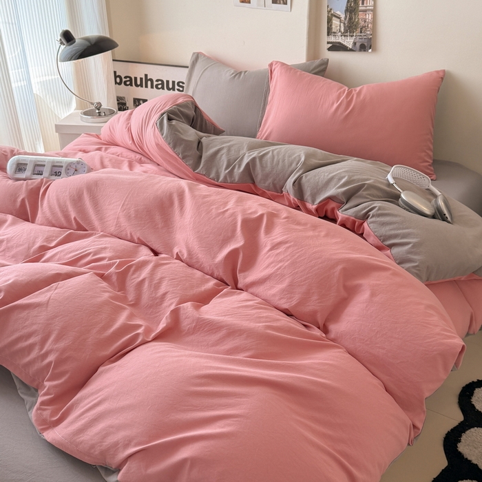 91家纺网 家纺一手货源 找家纺 桔禾家纺 2025新款ins风纯色水洗棉四件套双拼水洗棉学生三件套四件套 藕粉浅灰