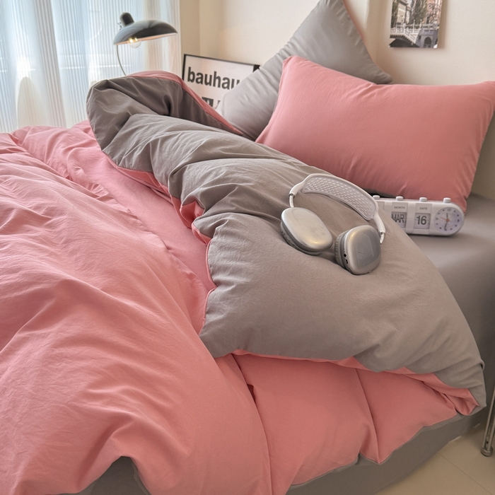 91家纺网 家纺一手货源 找家纺 桔禾家纺 2025新款ins风纯色水洗棉四件套双拼水洗棉学生三件套四件套 藕粉浅灰