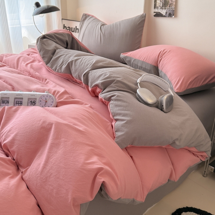 91家纺网 家纺一手货源 找家纺 桔禾家纺 2025新款ins风纯色水洗棉四件套双拼水洗棉学生三件套四件套 藕粉浅灰