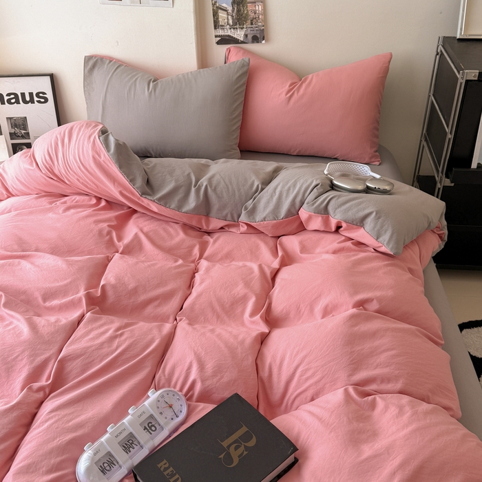 91家纺网 家纺一手货源 找家纺 桔禾家纺 2025新款ins风纯色水洗棉四件套双拼水洗棉学生三件套四件套 藕粉浅灰