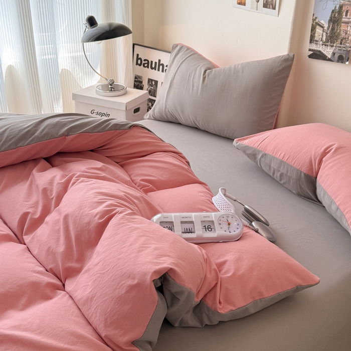 91家纺网 家纺一手货源 找家纺 桔禾家纺 2025新款ins风纯色水洗棉四件套双拼水洗棉学生三件套四件套 藕粉浅灰