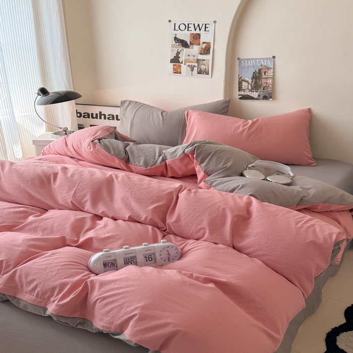 91家纺网 家纺一手货源 找家纺 桔禾家纺 2025新款ins风纯色水洗棉四件套双拼水洗棉学生三件套四件套 藕粉浅灰