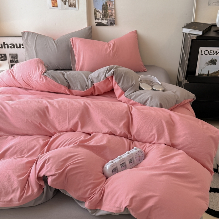 91家纺网 家纺一手货源 找家纺 桔禾家纺 2025新款ins风纯色水洗棉四件套双拼水洗棉学生三件套四件套 藕粉浅灰