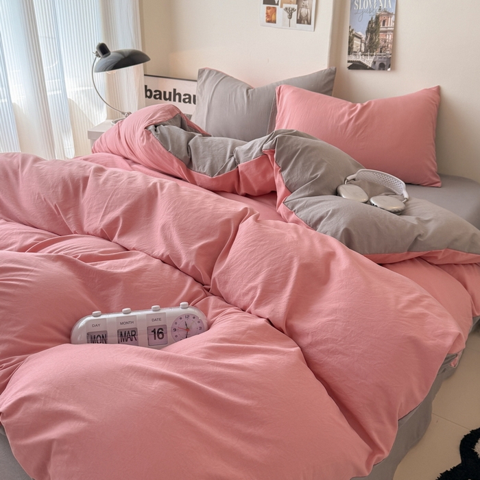 91家纺网 家纺一手货源 找家纺 桔禾家纺 2025新款ins风纯色水洗棉四件套双拼水洗棉学生三件套四件套 藕粉浅灰