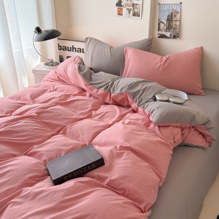 91家纺网 家纺一手货源 找家纺 桔禾家纺 2025新款ins风纯色水洗棉四件套双拼水洗棉学生三件套四件套 藕粉浅灰