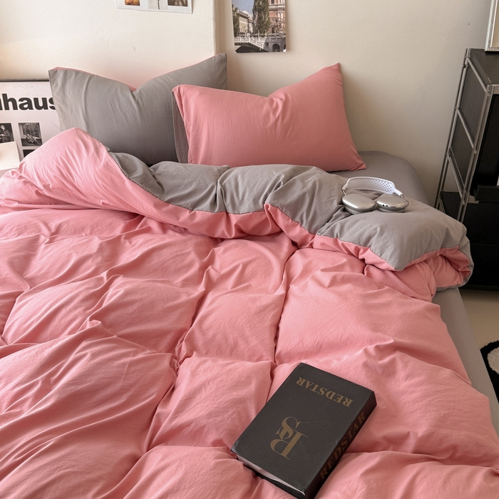 91家纺网 家纺一手货源 找家纺 桔禾家纺 2025新款ins风纯色水洗棉四件套双拼水洗棉学生三件套四件套 藕粉浅灰