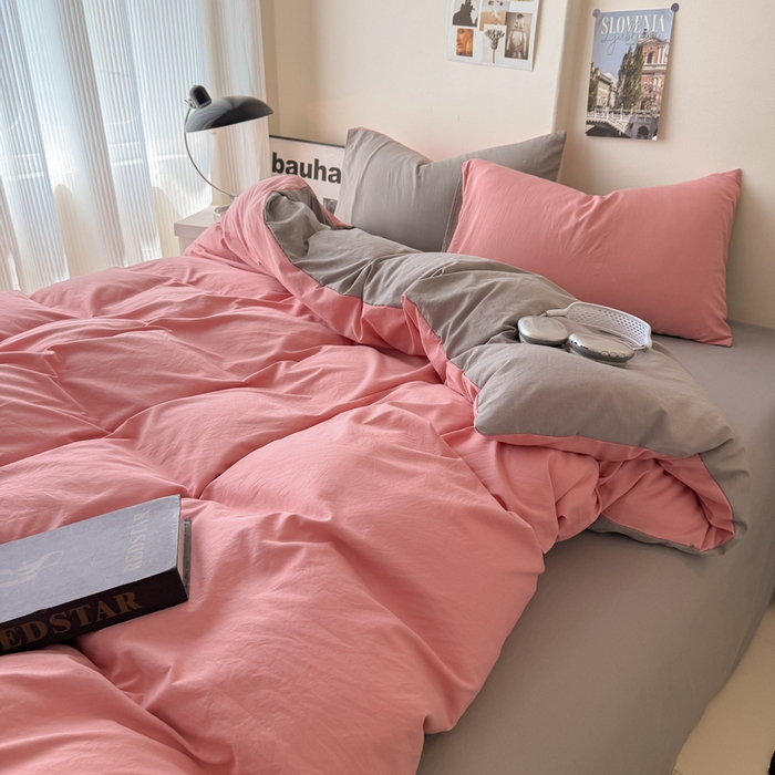 91家纺网 家纺一手货源 找家纺 桔禾家纺 2025新款ins风纯色水洗棉四件套双拼水洗棉学生三件套四件套 藕粉浅灰