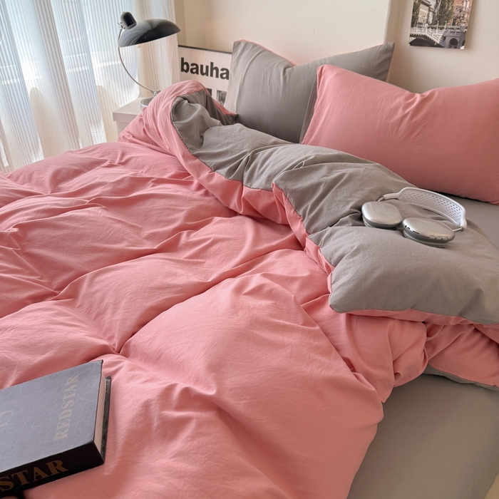 91家纺网 家纺一手货源 找家纺 桔禾家纺 2025新款ins风纯色水洗棉四件套双拼水洗棉学生三件套四件套 藕粉浅灰