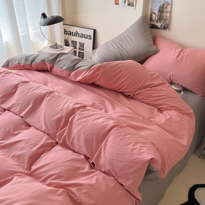 91家纺网 家纺一手货源 找家纺 桔禾家纺 2025新款ins风纯色水洗棉四件套双拼水洗棉学生三件套四件套 藕粉浅灰