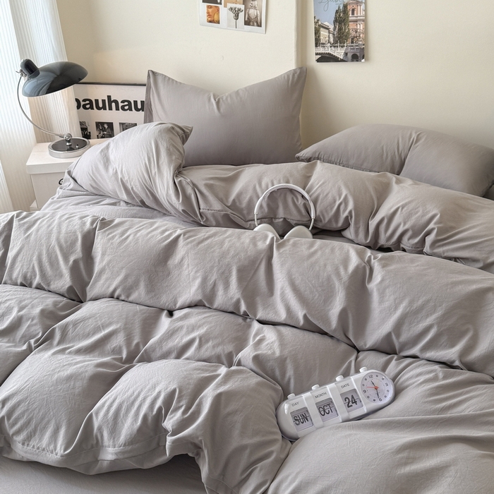 91家纺网 家纺一手货源 找家纺 桔禾家纺 2025新款ins风纯色水洗棉四件套双拼水洗棉学生三件套四件套 浅灰