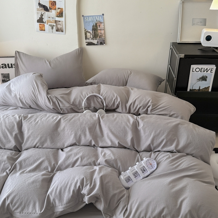 91家纺网 家纺一手货源 找家纺 桔禾家纺 2025新款ins风纯色水洗棉四件套双拼水洗棉学生三件套四件套 浅灰