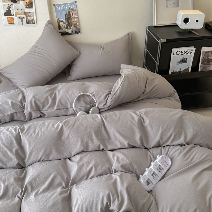 91家纺网 家纺一手货源 找家纺 桔禾家纺 2025新款ins风纯色水洗棉四件套双拼水洗棉学生三件套四件套 浅灰