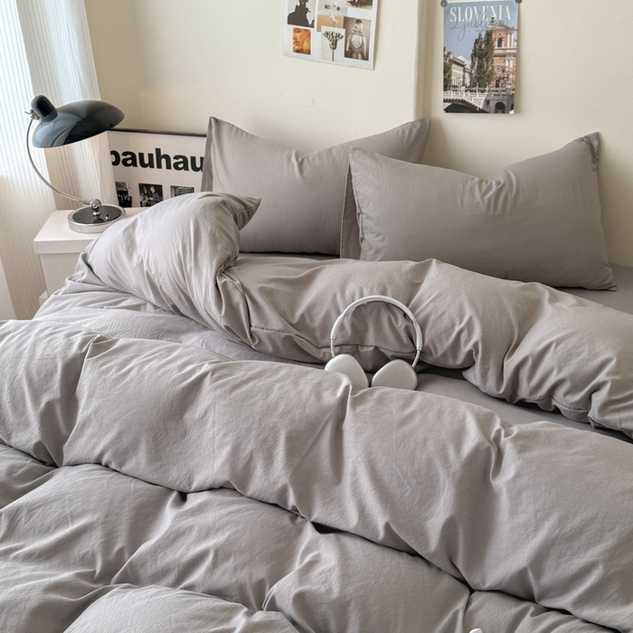 91家纺网 家纺一手货源 找家纺 桔禾家纺 2025新款ins风纯色水洗棉四件套双拼水洗棉学生三件套四件套 浅灰