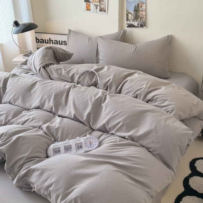 91家纺网 家纺一手货源 找家纺 桔禾家纺 2025新款ins风纯色水洗棉四件套双拼水洗棉学生三件套四件套 浅灰