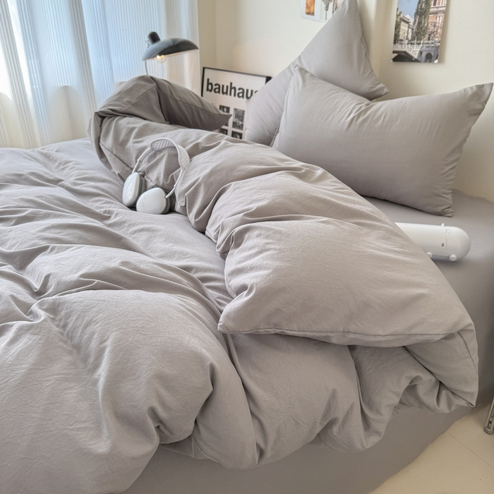 91家纺网 家纺一手货源 找家纺 桔禾家纺 2025新款ins风纯色水洗棉四件套双拼水洗棉学生三件套四件套 浅灰