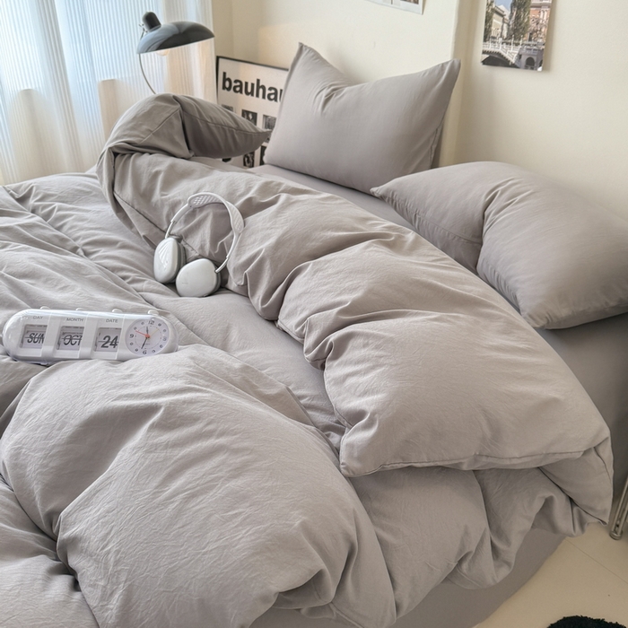 91家纺网 家纺一手货源 找家纺 桔禾家纺 2025新款ins风纯色水洗棉四件套双拼水洗棉学生三件套四件套 浅灰