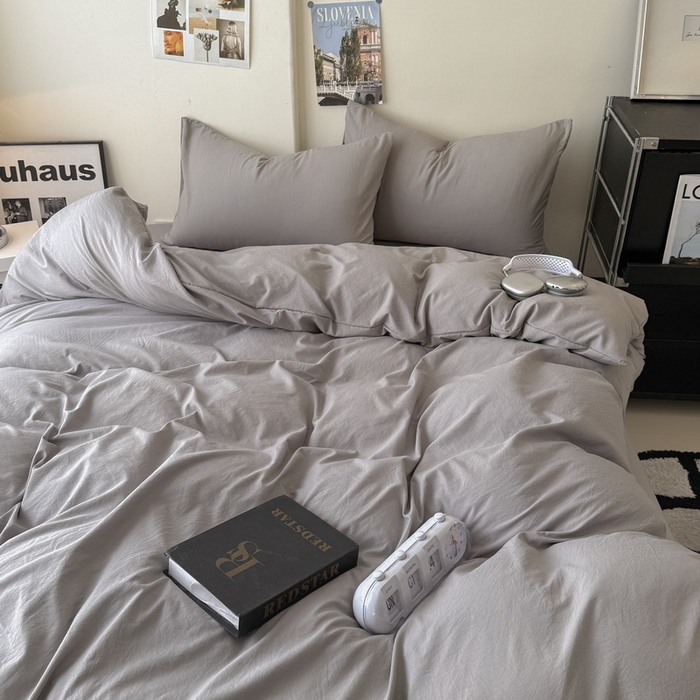 91家纺网 家纺一手货源 找家纺 桔禾家纺 2025新款ins风纯色水洗棉四件套双拼水洗棉学生三件套四件套 浅灰