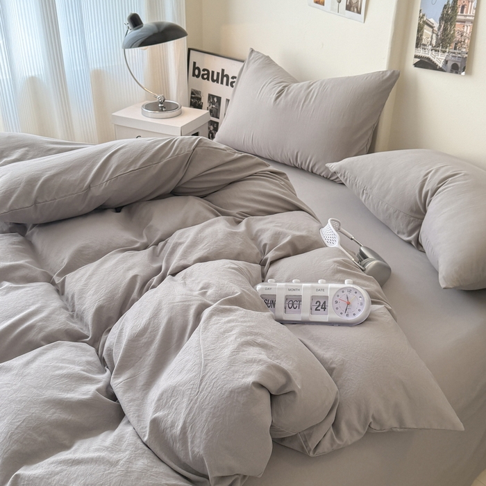 91家纺网 家纺一手货源 找家纺 桔禾家纺 2025新款ins风纯色水洗棉四件套双拼水洗棉学生三件套四件套 浅灰