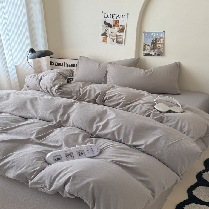 91家纺网 家纺一手货源 找家纺 桔禾家纺 2025新款ins风纯色水洗棉四件套双拼水洗棉学生三件套四件套 浅灰