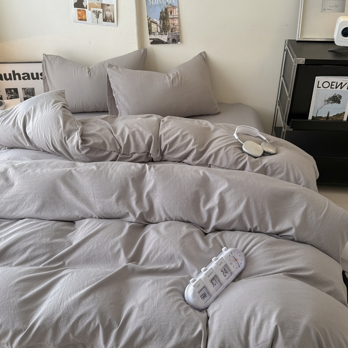 91家纺网 家纺一手货源 找家纺 桔禾家纺 2025新款ins风纯色水洗棉四件套双拼水洗棉学生三件套四件套 浅灰