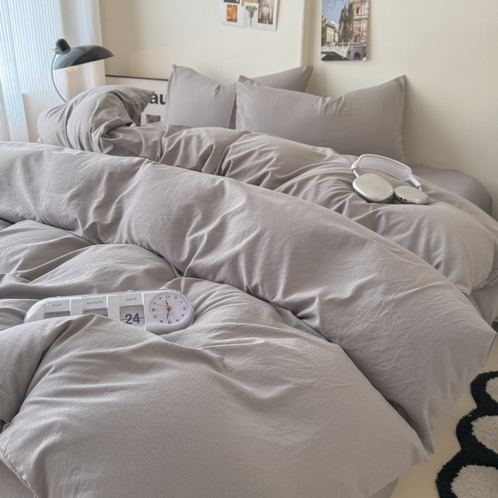 91家纺网 家纺一手货源 找家纺 桔禾家纺 2025新款ins风纯色水洗棉四件套双拼水洗棉学生三件套四件套 浅灰