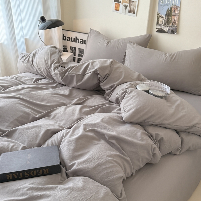 91家纺网 家纺一手货源 找家纺 桔禾家纺 2025新款ins风纯色水洗棉四件套双拼水洗棉学生三件套四件套 浅灰