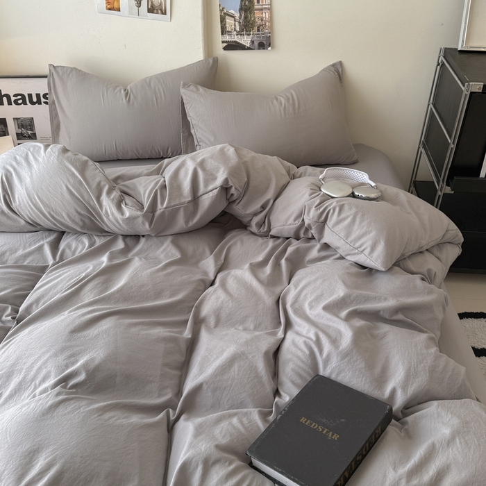 91家纺网 家纺一手货源 找家纺 桔禾家纺 2025新款ins风纯色水洗棉四件套双拼水洗棉学生三件套四件套 浅灰