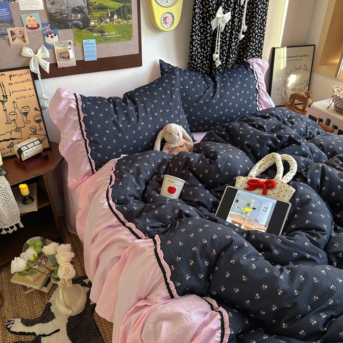 91家纺网 家纺一手货源 找家纺 （总）阿曼达 2025新款韩系法式慵懒氛围感印花泡芙花边四件套（专版花型）