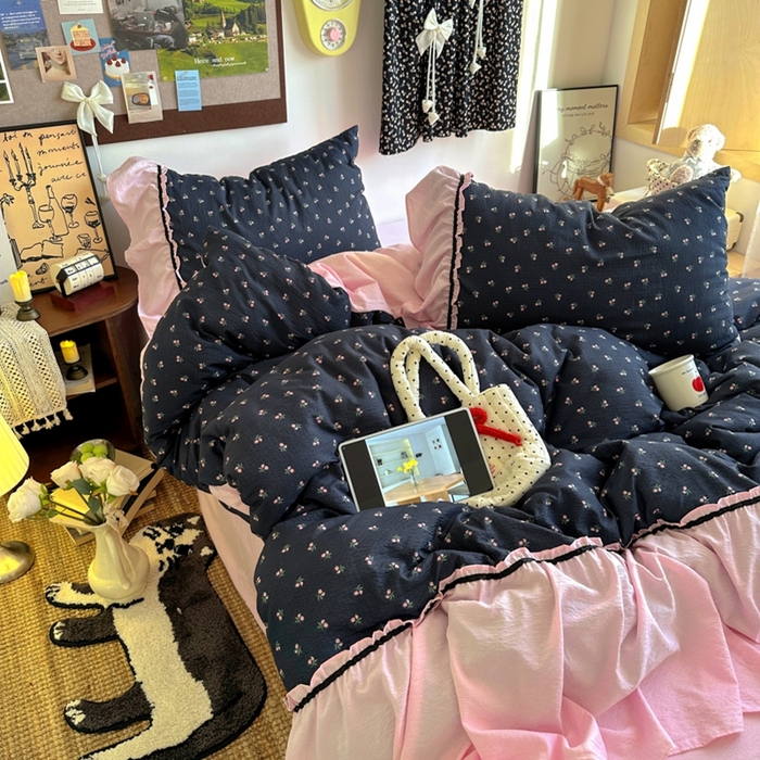 91家纺网 家纺一手货源 找家纺 （总）阿曼达 2025新款韩系法式慵懒氛围感印花泡芙花边四件套（专版花型）