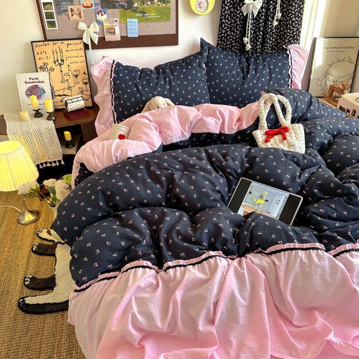 91家纺网 家纺一手货源 找家纺 （总）阿曼达 2025新款韩系法式慵懒氛围感印花泡芙花边四件套（专版花型）