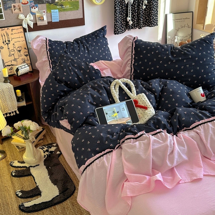 91家纺网 家纺一手货源 找家纺 （总）阿曼达 2025新款韩系法式慵懒氛围感印花泡芙花边四件套（专版花型）