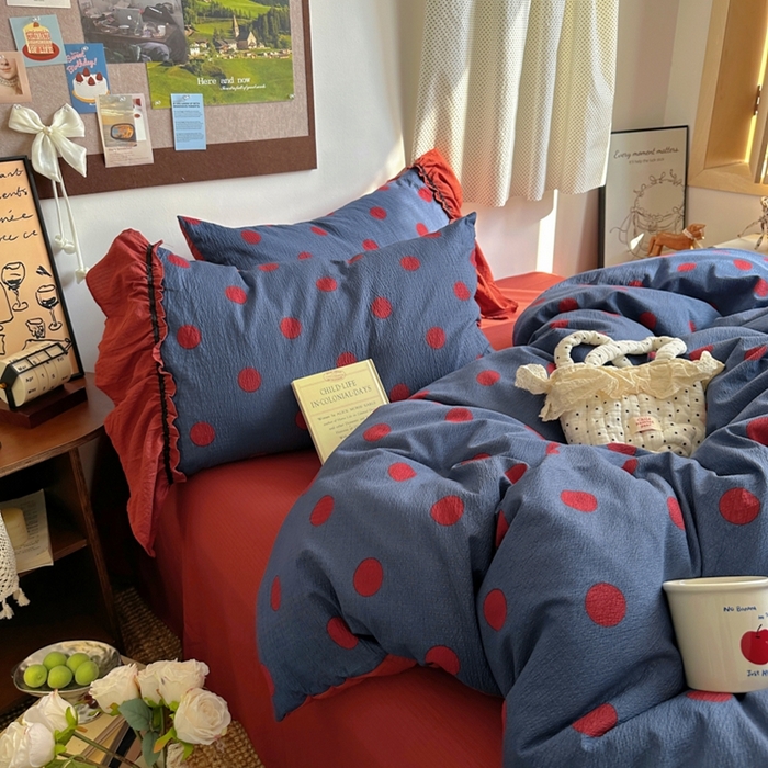 91家纺网 家纺一手货源 找家纺 阿曼达 2025新款韩系法式慵懒氛围感印花泡芙花边四件套（专版花型） 樱花泡芙-蓝