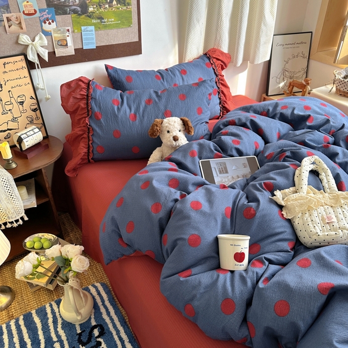 91家纺网 家纺一手货源 找家纺 阿曼达 2025新款韩系法式慵懒氛围感印花泡芙花边四件套（专版花型） 樱花泡芙-蓝