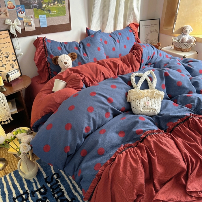 91家纺网 家纺一手货源 找家纺 阿曼达 2025新款韩系法式慵懒氛围感印花泡芙花边四件套（专版花型） 樱花泡芙-蓝