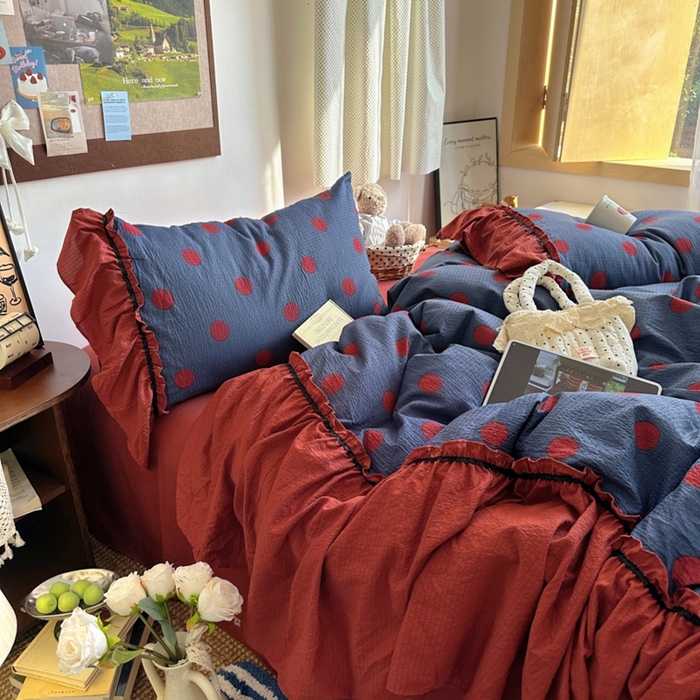 91家纺网 家纺一手货源 找家纺 阿曼达 2025新款韩系法式慵懒氛围感印花泡芙花边四件套（专版花型） 樱花泡芙-蓝