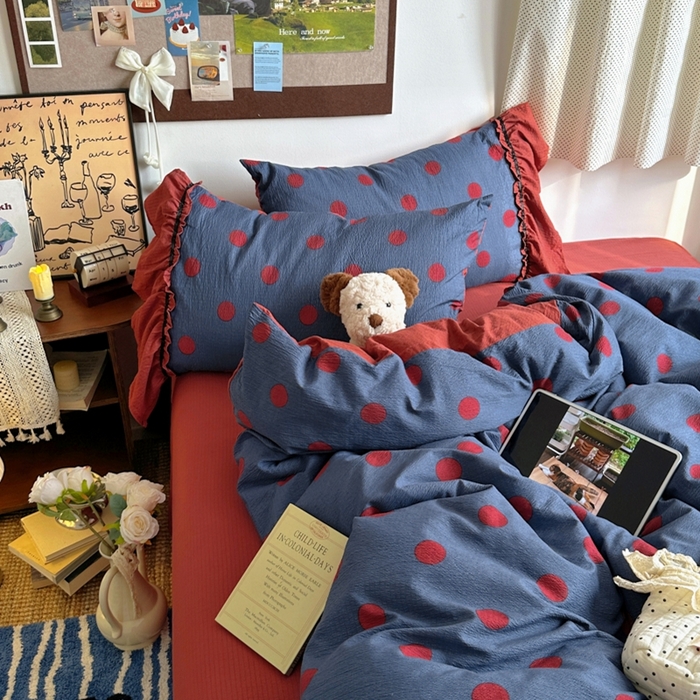 91家纺网 家纺一手货源 找家纺 阿曼达 2025新款韩系法式慵懒氛围感印花泡芙花边四件套（专版花型） 樱花泡芙-蓝