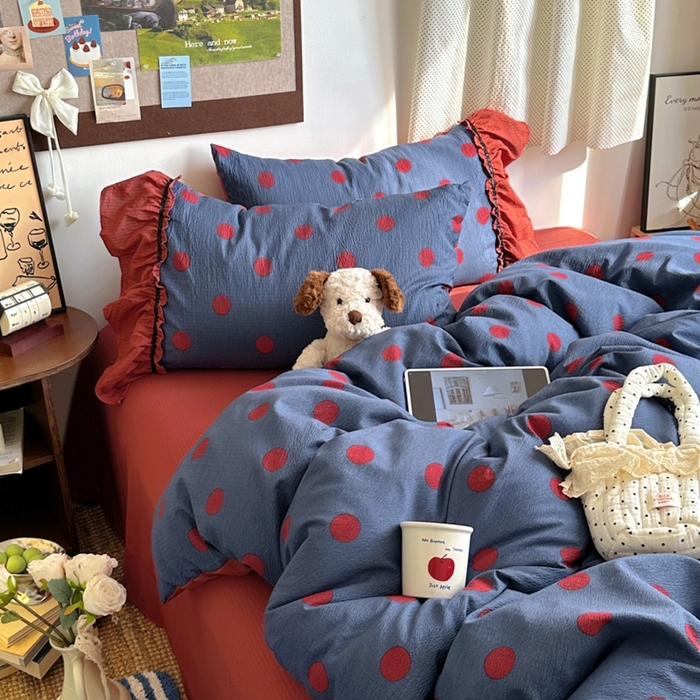 91家纺网 家纺一手货源 找家纺 阿曼达 2025新款韩系法式慵懒氛围感印花泡芙花边四件套（专版花型） 樱花泡芙-蓝