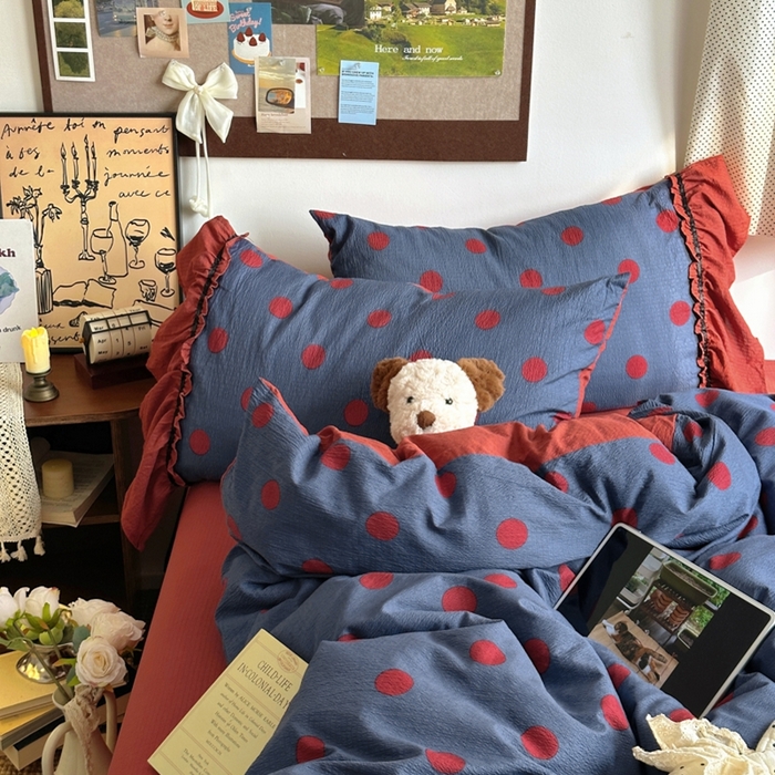 91家纺网 家纺一手货源 找家纺 阿曼达 2025新款韩系法式慵懒氛围感印花泡芙花边四件套（专版花型） 樱花泡芙-蓝