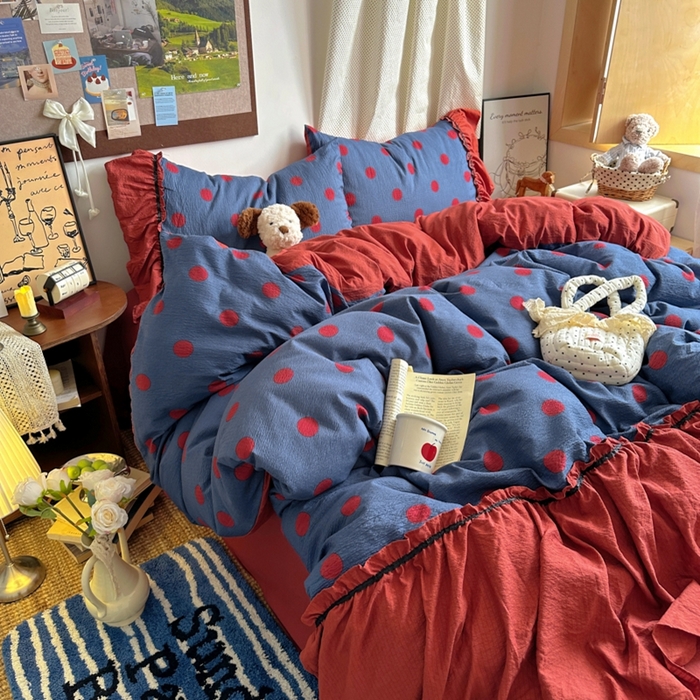 91家纺网 家纺一手货源 找家纺 阿曼达 2025新款韩系法式慵懒氛围感印花泡芙花边四件套（专版花型） 樱花泡芙-蓝