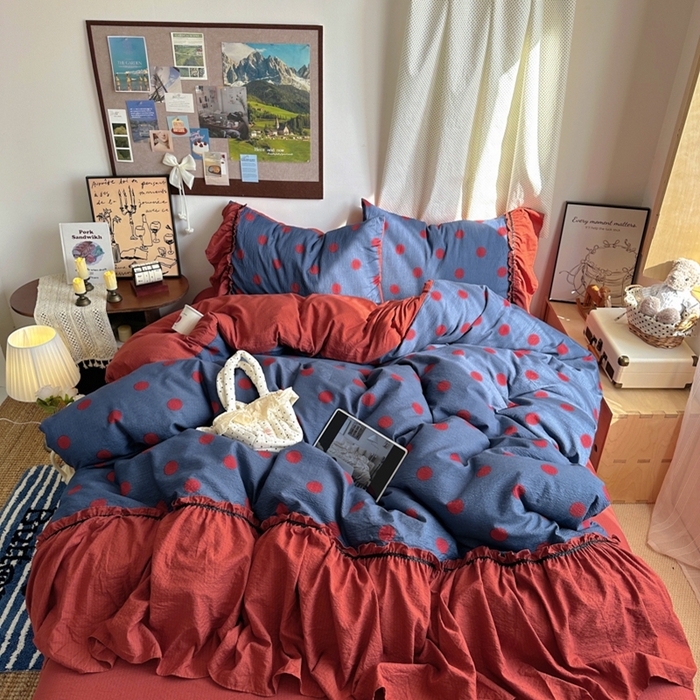 91家纺网 家纺一手货源 找家纺 阿曼达 2025新款韩系法式慵懒氛围感印花泡芙花边四件套（专版花型） 樱花泡芙-蓝