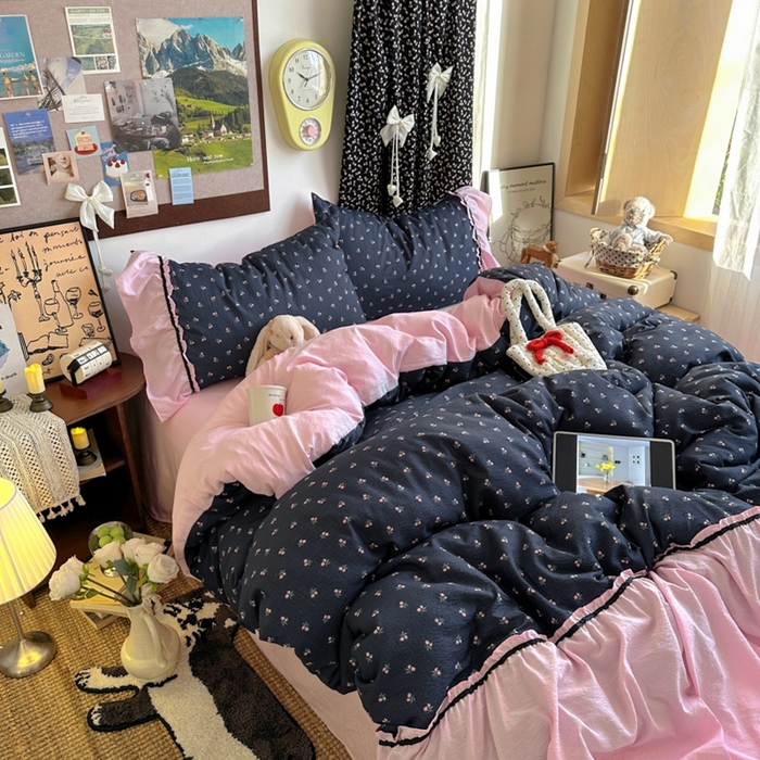 91家纺网 家纺一手货源 找家纺 阿曼达 2025新款韩系法式慵懒氛围感印花泡芙花边四件套（专版花型） 樱花泡芙-宅妹粉