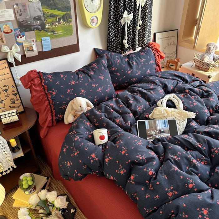 91家纺网 家纺一手货源 找家纺 阿曼达 2025新款韩系法式慵懒氛围感印花泡芙花边四件套（专版花型） 樱花泡芙-梨漫