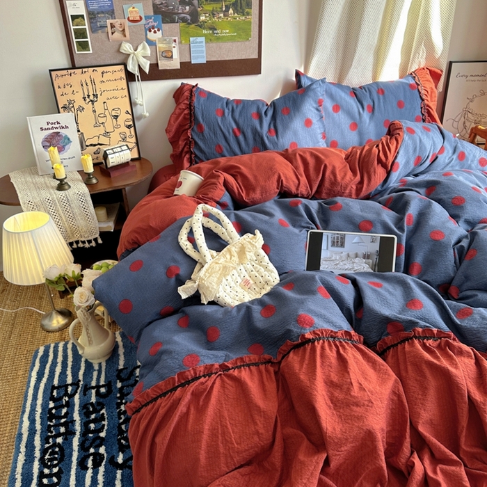 91家纺网 家纺一手货源 找家纺 阿曼达 2025新款韩系法式慵懒氛围感印花泡芙花边四件套（专版花型） 樱花泡芙-蓝