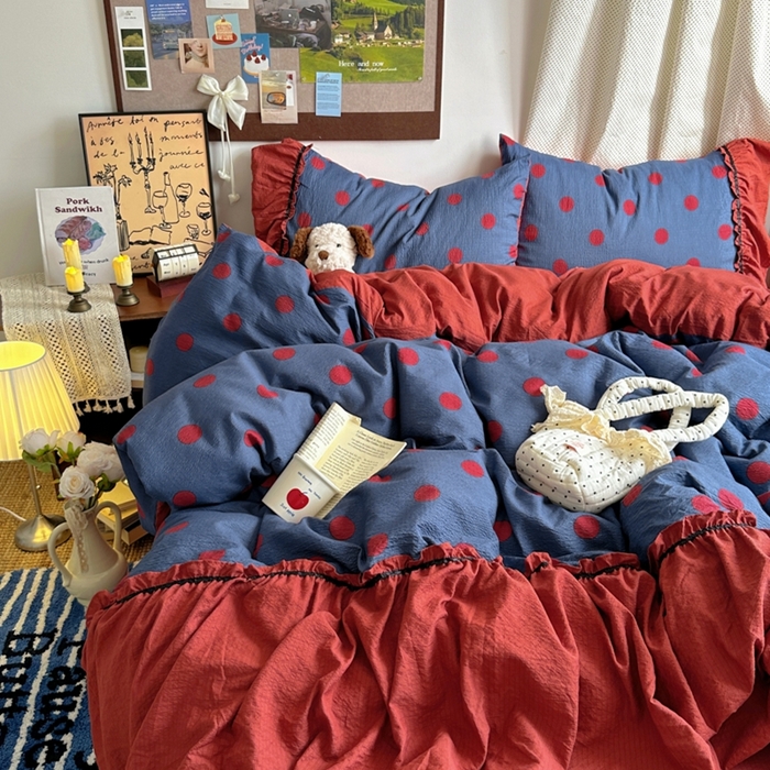 91家纺网 家纺一手货源 找家纺 阿曼达 2025新款韩系法式慵懒氛围感印花泡芙花边四件套（专版花型） 樱花泡芙-蓝