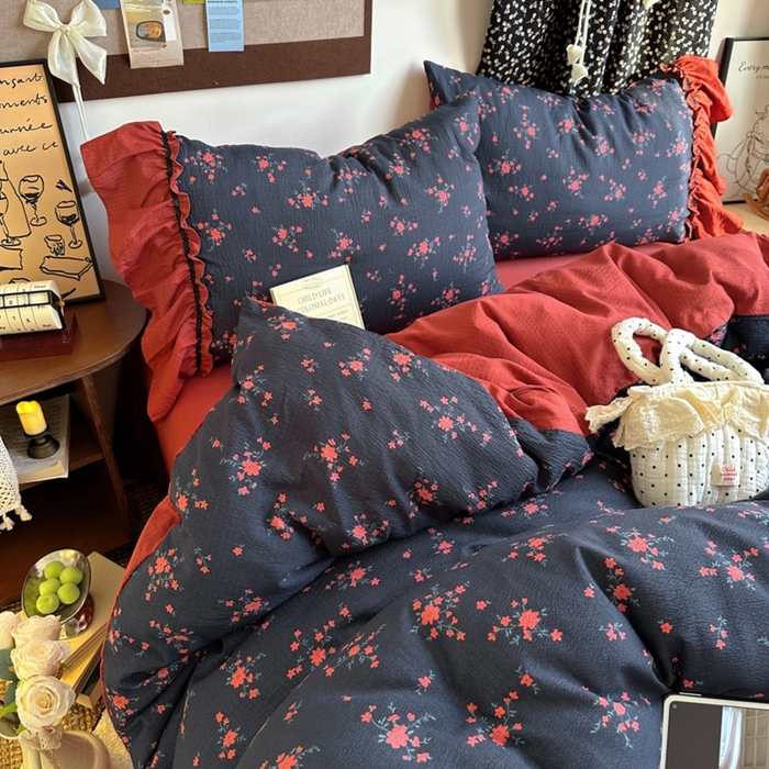 91家纺网 家纺一手货源 找家纺 阿曼达 2025新款韩系法式慵懒氛围感印花泡芙花边四件套（专版花型） 樱花泡芙-梨漫