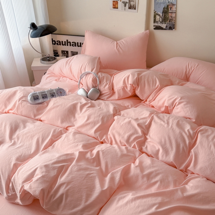 91家纺网 家纺一手货源 找家纺 桔禾家纺 2025新款ins风纯色水洗棉四件套双拼水洗棉学生三件套四件套 水粉