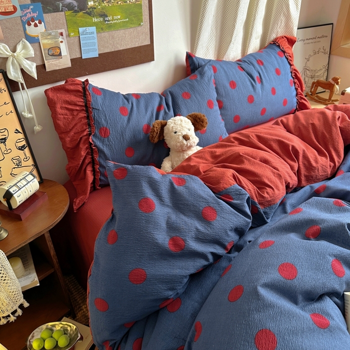 91家纺网 家纺一手货源 找家纺 阿曼达 2025新款韩系法式慵懒氛围感印花泡芙花边四件套（专版花型） 樱花泡芙-蓝